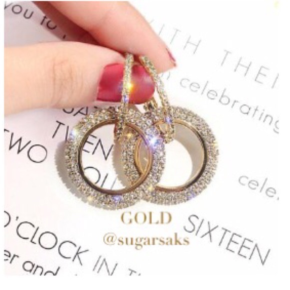 Crystal Pave Double Hoop Dangle Earrings - Sparkly - Picture 2 of 8